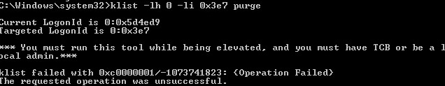 klist 0x3e7 purga falló con 0xc0000001