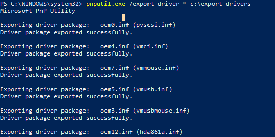 exportar controladores instalados usando pnputil