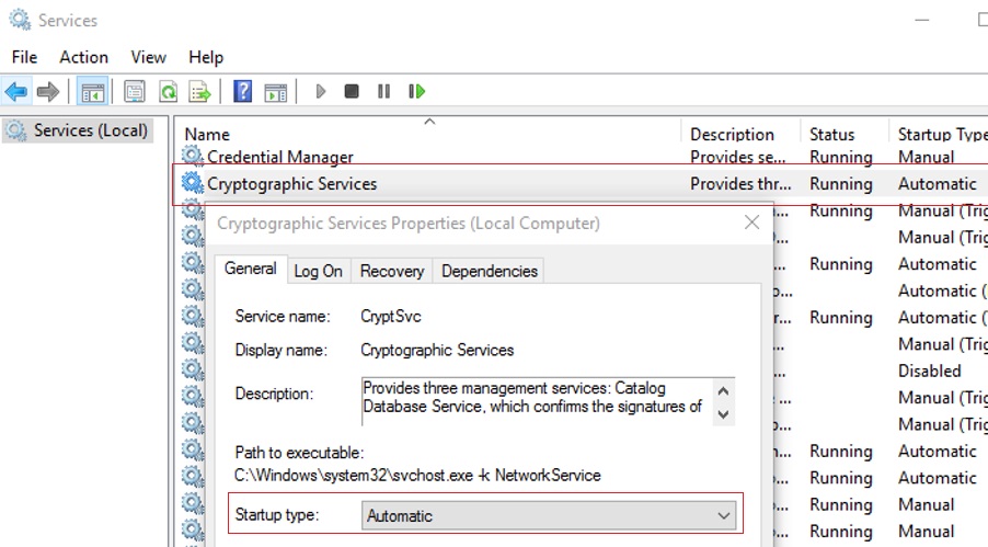 configurar el servicio cryptsvc para que se inicie automáticamente 