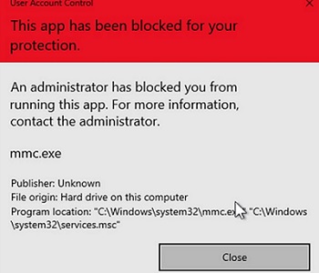 error mmc.exe y luego inicie la consola msc: uac esta aplicación ha sido bloqueada para su protección