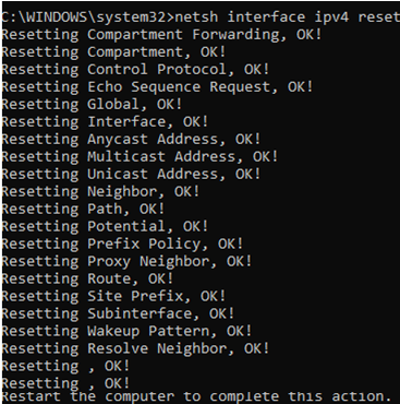 interfaz netsh ipv4 reset - restablecer la configuración de red