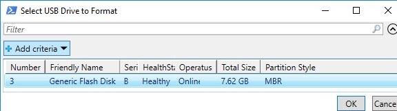 powershell: seleccione la unidad flash USB para formatear
