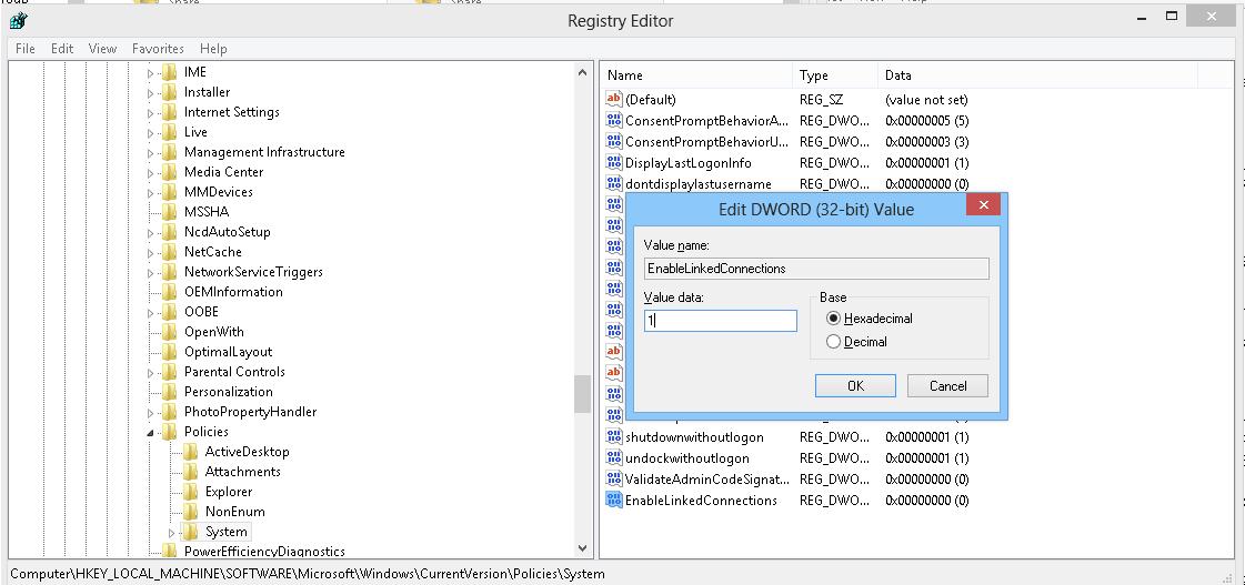 EnableLinkedConnections clave en el registro