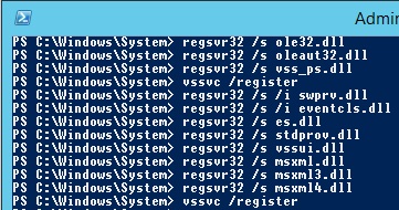 volver a registrar escritores vss en Windows Server 2012/2016