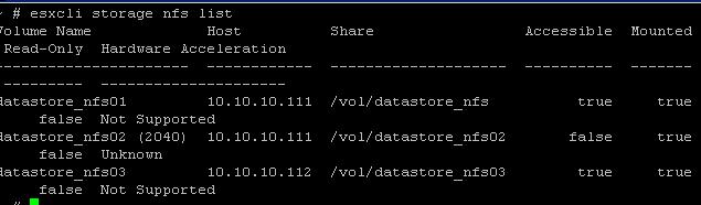 esxcli: lista de almacenamiento nfs