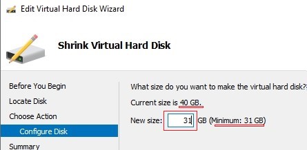 reducir el archivo del disco duro virtual con el administrador de Hyper-V