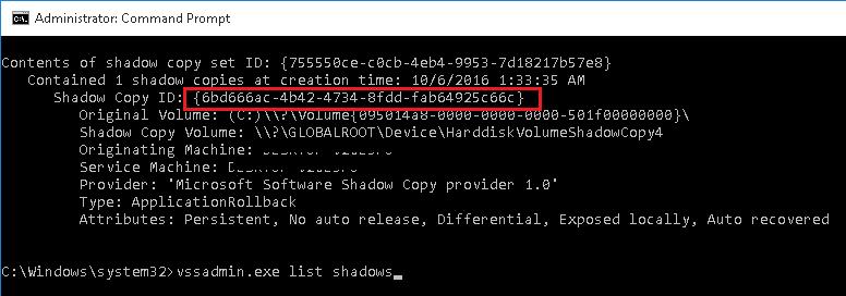 vssadmin.exe lista de sombras