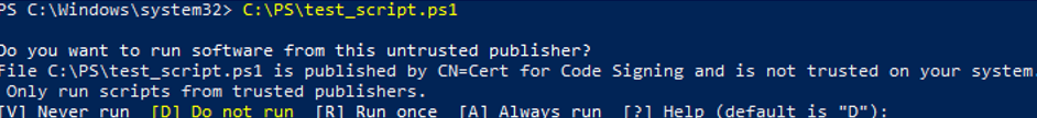 El archivo ps1 es publicado por CN = y no es de confianza en su sistema.  Ejecute únicamente scripts de editores de confianza.