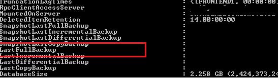 obtener el último estado de copia de seguridad completa en Exchange 2013