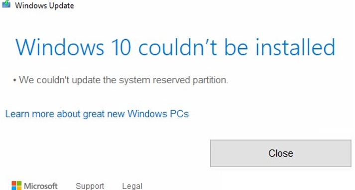 error de actualización de Windows 10: no pudimos actualizar la partición reservada del sistema