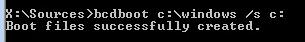 bcdboot c:  windows / sc: archivos de arranque creados correctamente