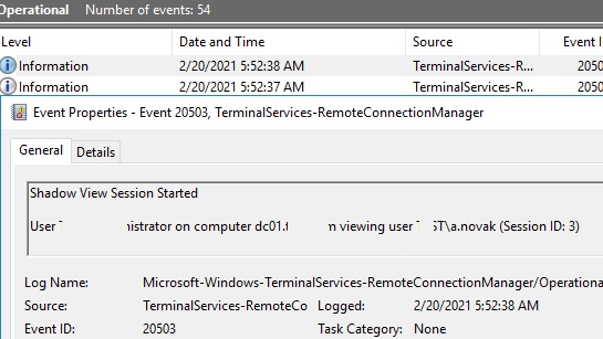auditar los eventos de la sesión de sombra en el visor de eventos del servidor de Windows