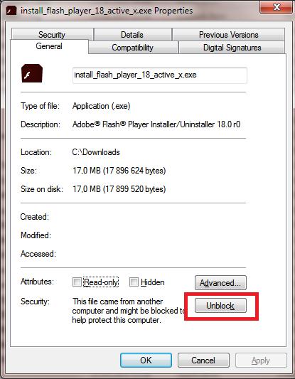 Desbloquear descargado del archivo exe de Internet