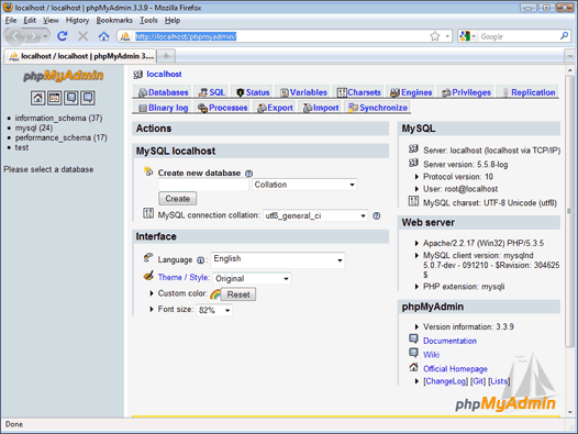 La pantalla de phpMyAdmin