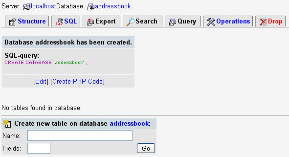 La página de estructura en phpMyAdmin