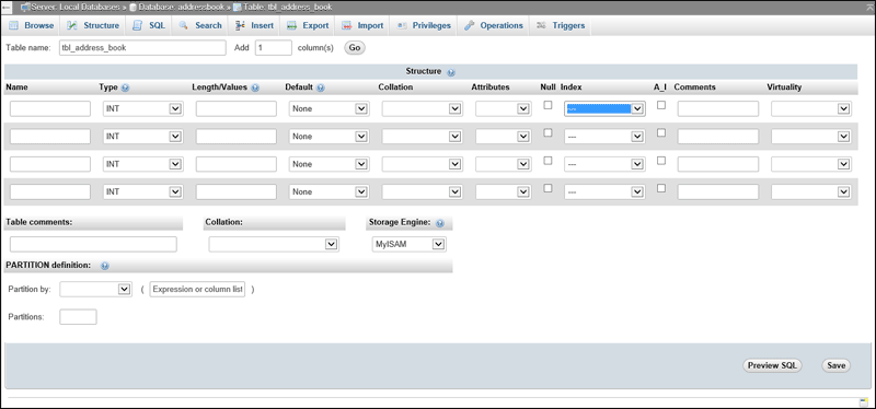 Crear área de campos de tabla, phpMyAdmin