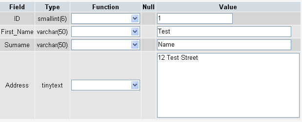 Valores ingresados en los campos