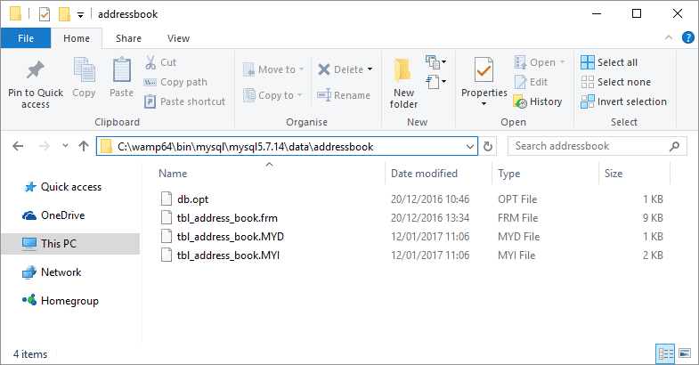 Archivos de tabla de base de datos