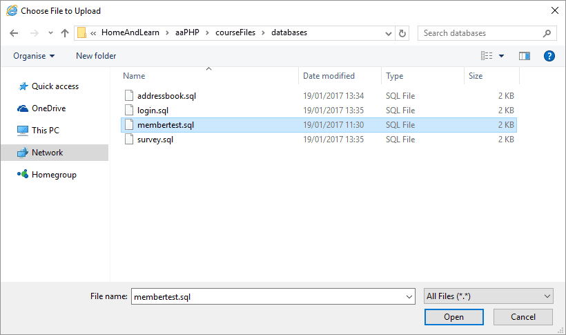 Seleccionar un archivo SQL para importarlo a phpMyAdmin