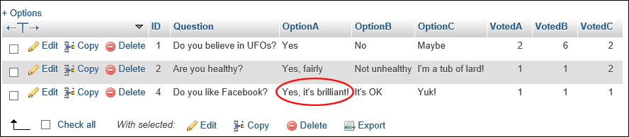 Una fila editada en phpMyAdmin