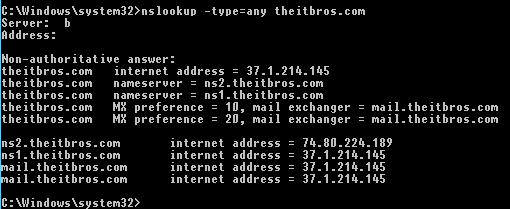 enumerar todos los registros dns para un dominio nslookup