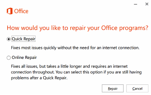 reparación office 365 windows 10