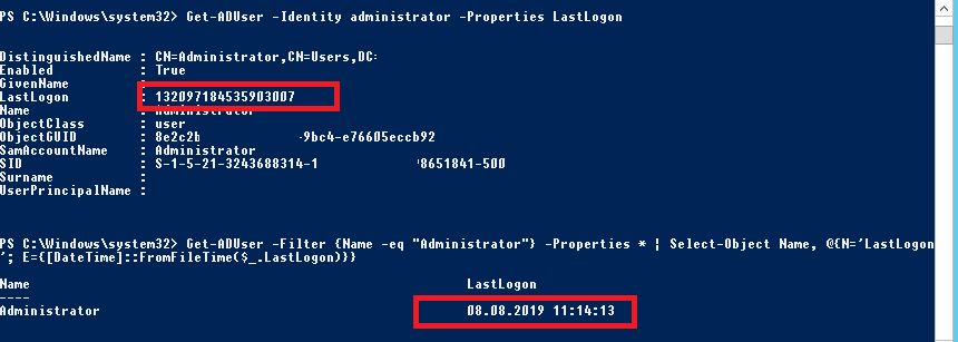 PowerShell último inicio de sesión computadora