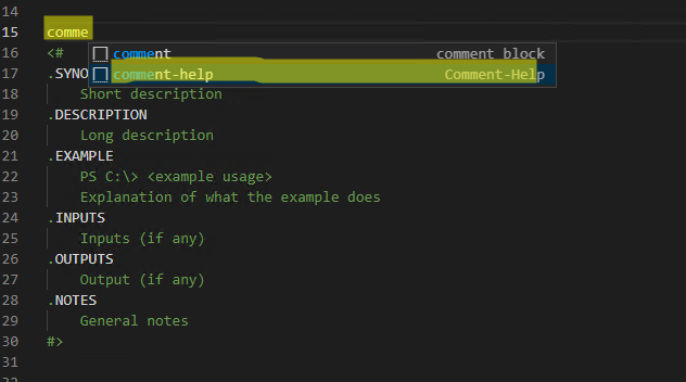comentar el código de PowerShell comentar el código de PowerShell