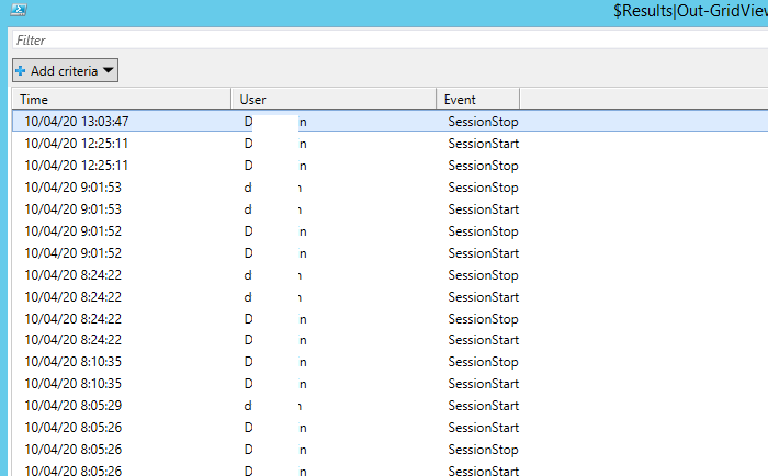 obtener historial de inicio de sesión de usuario powershell