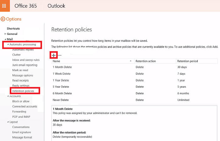 política de retención o365