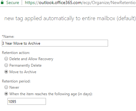 retención de Office 365