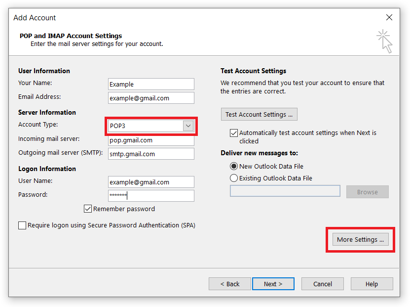 Perspectiva de la configuración pop de Gmail