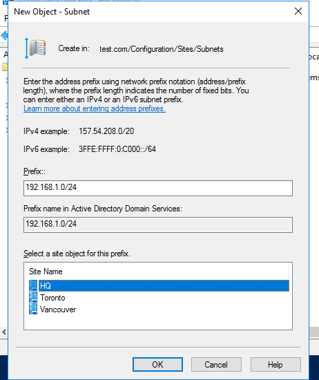 configurar sitios y subredes del directorio activo