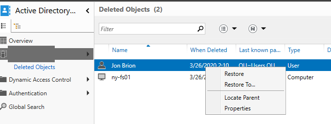 cómo restaurar el usuario eliminado en el directorio activo