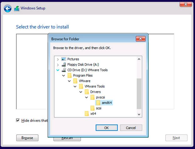 configuración del controlador vmware de windows 10