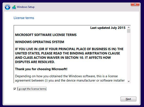 Términos de instalación de Windows