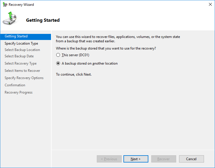 restauración del controlador de dominio desde la copia de seguridad