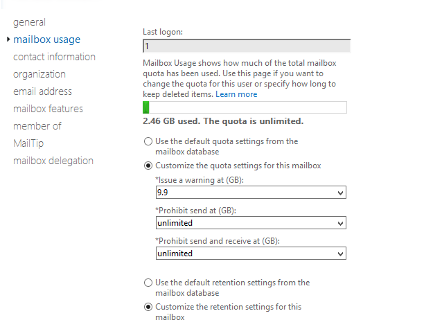 aumentar el tamaño del buzón intercambio 2016 powershell
