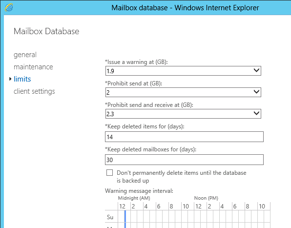 establecer intercambio de cuota de buzón 2016 powershell