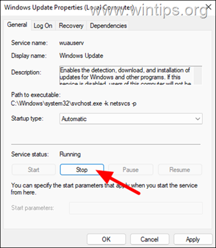 Detener el servicio de actualización de Windows