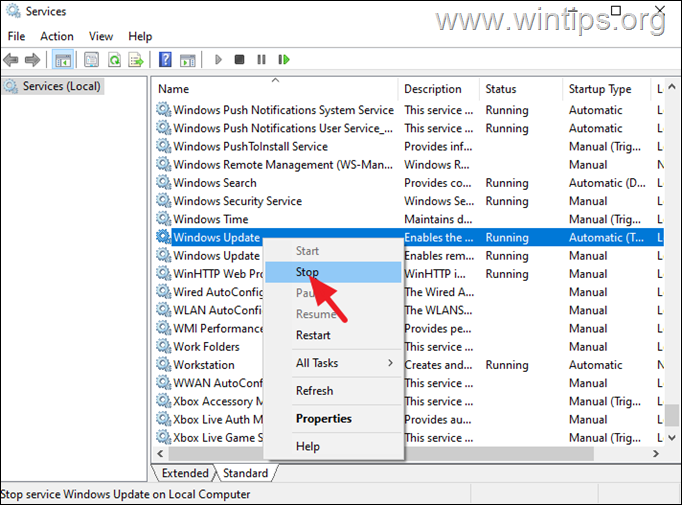 Detener el servicio de actualización de Windows
