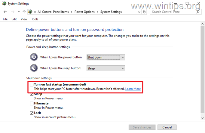 Inicio rápido Apague el inicio rápido
