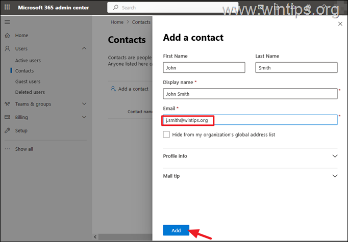 Agregar contacto en Office365