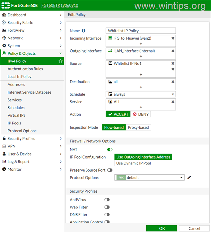 FortiGate-allow-ip-traftic-política Crear política en FortiGate para permitir el tráfico de IP externos