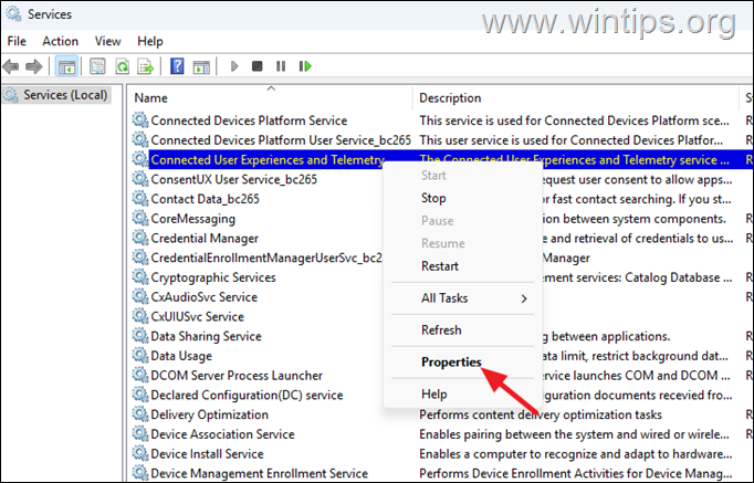 propiedad de servicios Desactivar servicios de antecedentes innecesarios.