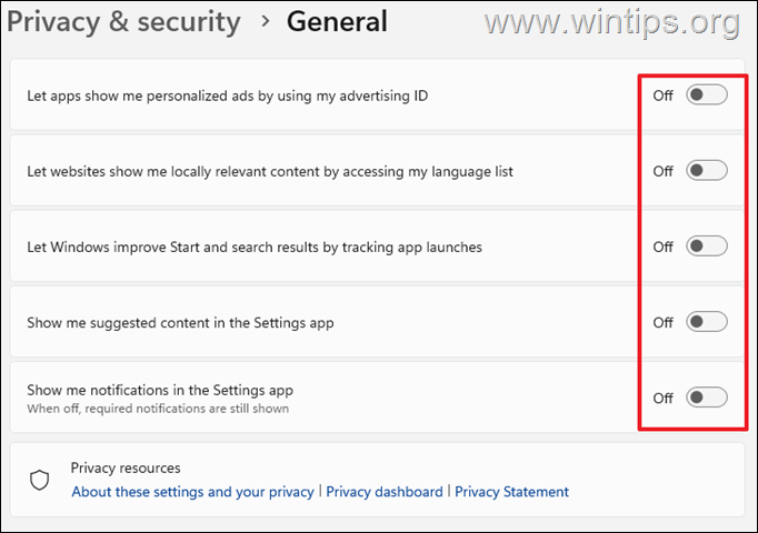 Desactivar anuncios y seguimiento personalizados Detener la recopilación de datos Windows 11