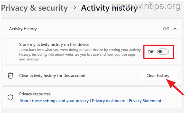 Desactivar el historial de actividades Deshabilitar el historial de actividades - Windows 11
