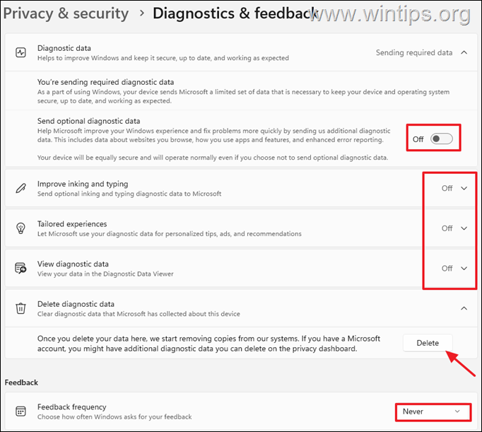 Apague los datos de diagnóstico Desactivar los datos de diagnóstico y retroalimentación