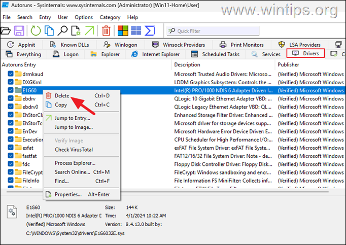 Eliminar el controlador E1G6032E.Sys con Autoruns
