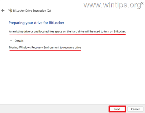 bitlocker Mueva el entorno de recuperación de Windows a la unidad de recuperación